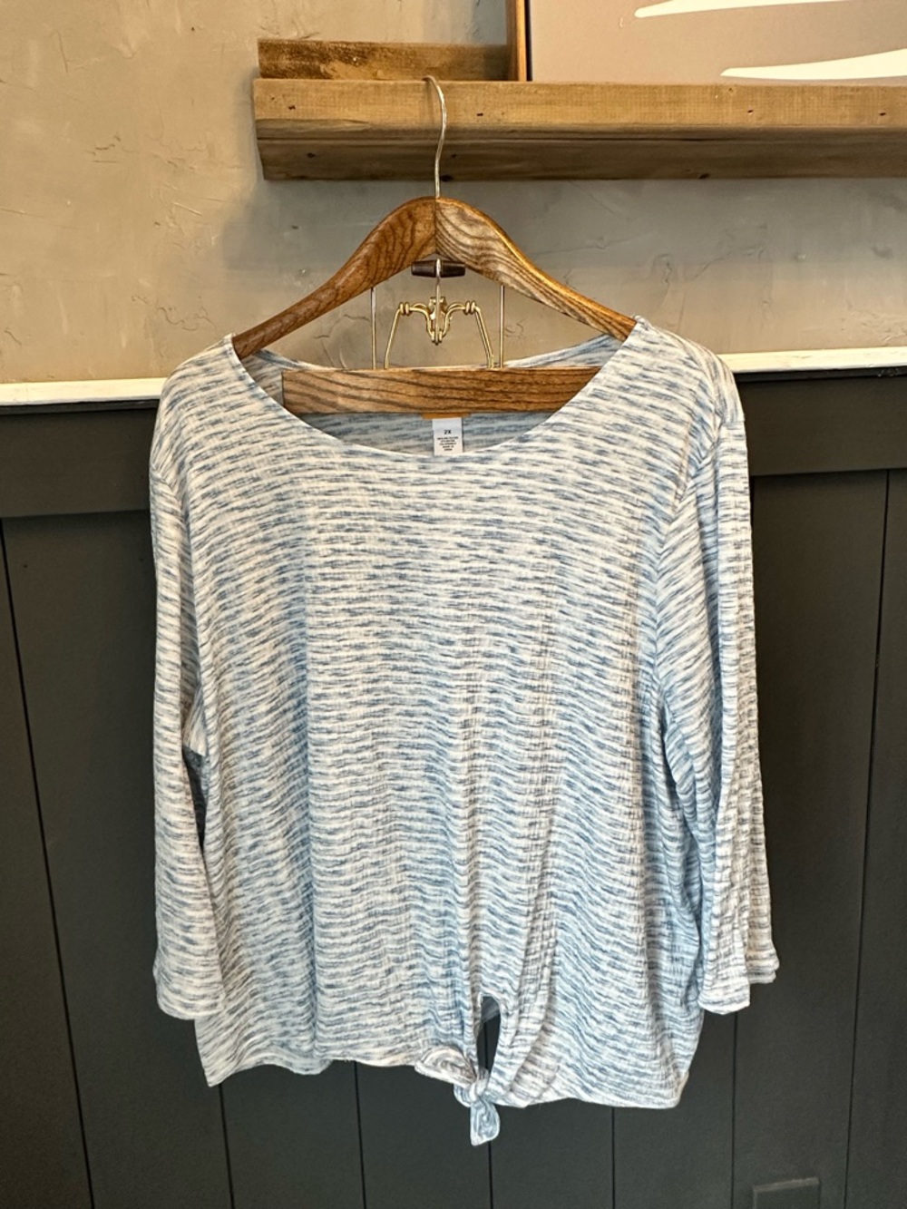 Ruby Rd. Light Bali Blue‎ White Heathered Tie-Detail Scoop Neck Top Plus Size 2X